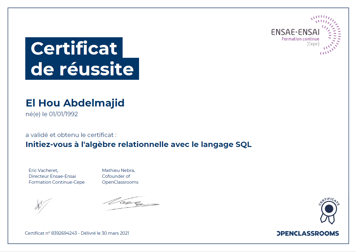 Certification SQL / algèbre relationnelle