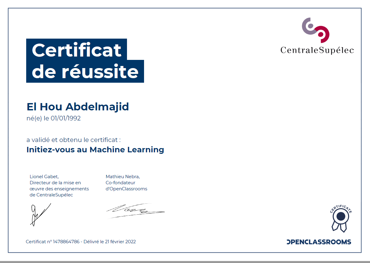 Certification machine learning