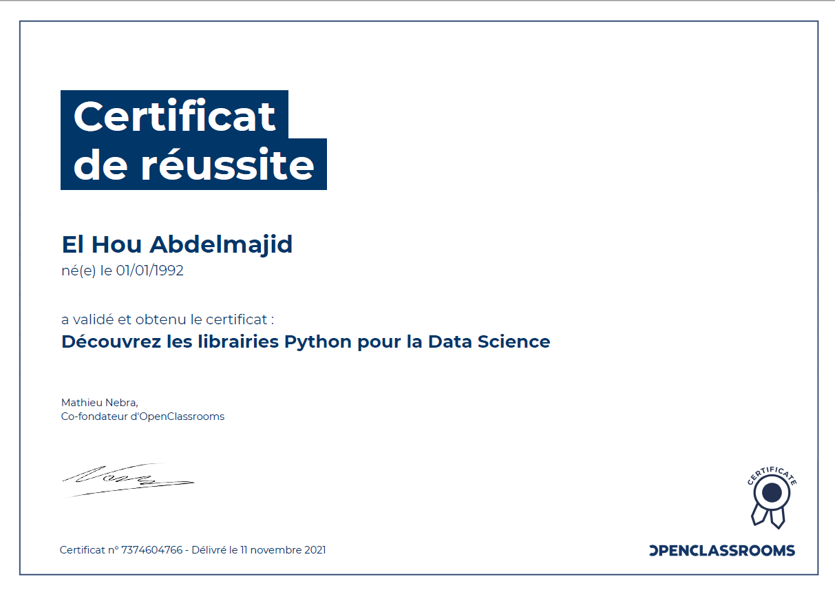 Certification librairies pandas